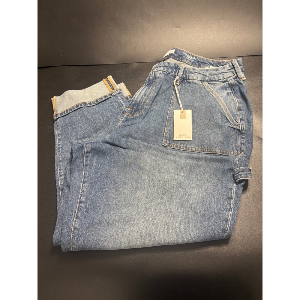 Good American The Weekender Petite Carpenter Jeans Blue High Rise Cuffed Size 15